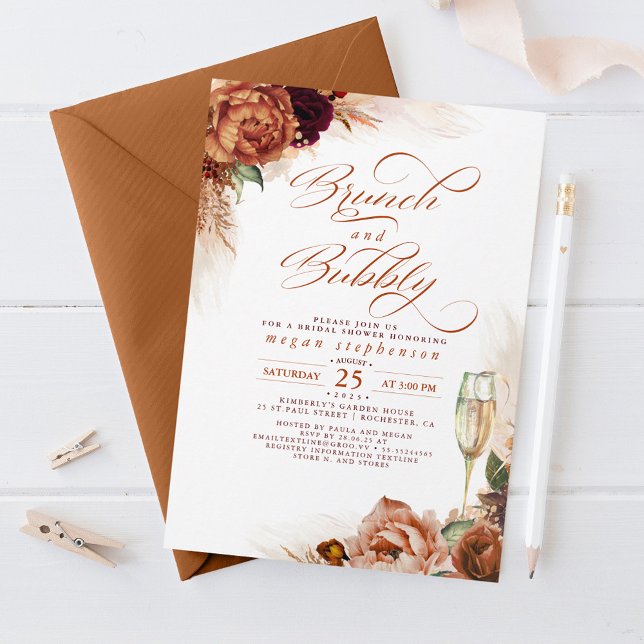 Brunch und Bubbly Brautparty Rust Pampas Gras Einladung (Brunch and Bubbly Bridal Shower Invitations for Fall Celebration)