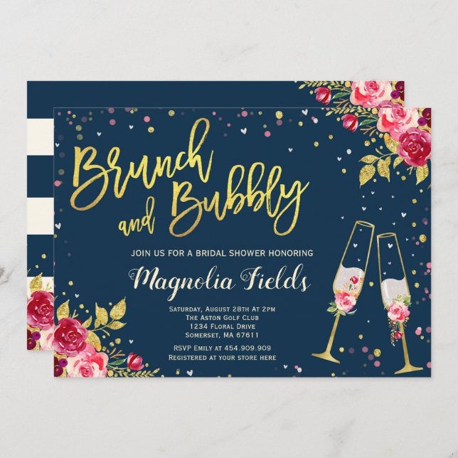 Brunch und Bubbly Bridal Dusche Einladung Blumen (Vorne/Hinten)