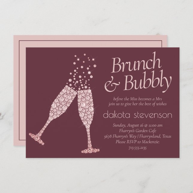 Brunch und Bubbly | Burgund und Rosa Dusche in Ros Einladung (Vorne/Hinten)