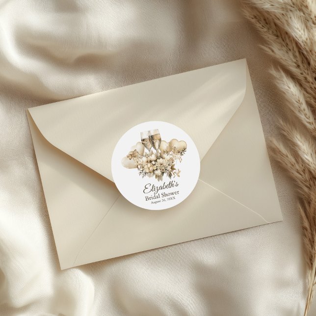 Brunch und Bubbly Champagne Blume Brautparty Runder Aufkleber (Brunch and Bubbly Champagne Flowers Bridal Shower Classic Round Sticker on an envelope.)