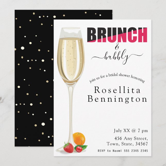 Brunch und Bubbly Champagne Brautparty Einladung (Vorne/Hinten)