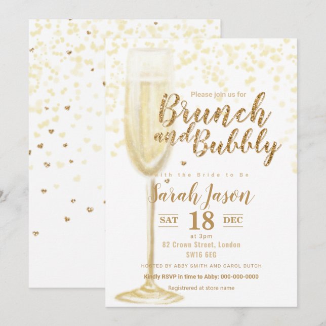 Brunch und Bubbly Champagner Glitzer gold Inv Einladung (Vorne/Hinten)