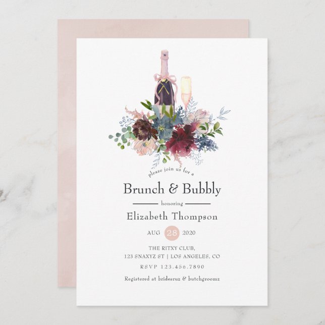 Brunch und Bubbly für Burgund und Blush Floral Einladung (Vorne/Hinten)