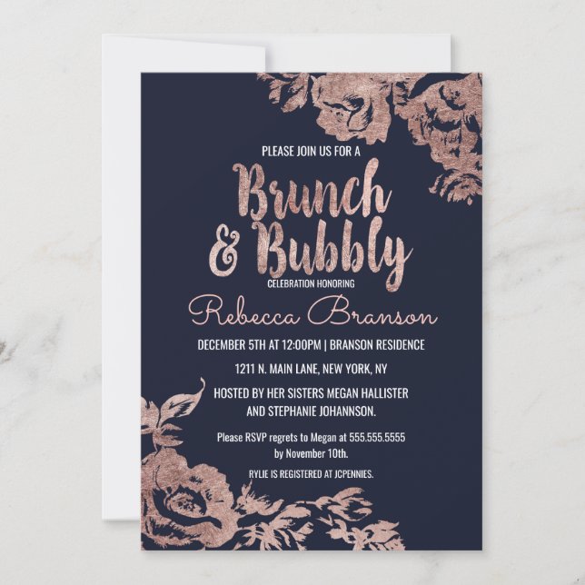Brunch und Bubbly für Navy Blue und Rose Gold Flor Einladung (Vorderseite)
