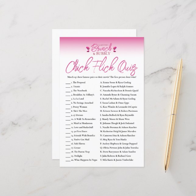 Brunch und Bubbly Galentines Chick Flick Game Quiz (Vorderseite/Rückseite Beispiel)