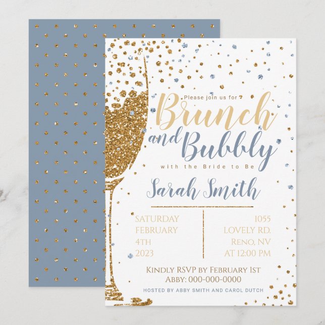 Brunch und Bubbly gold Glitzer_dusty blue Einladung (Vorne/Hinten)