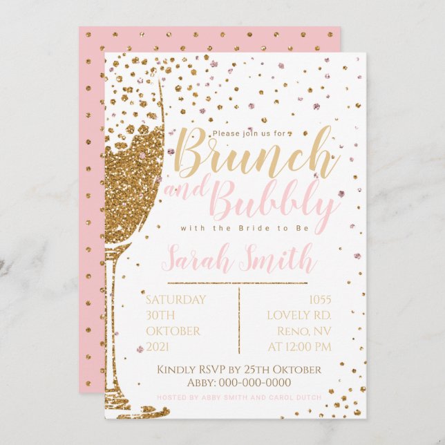 Brunch und Bubbly Gold Glitzer mit gepunktetem Rüc Einladung (Vorne/Hinten)