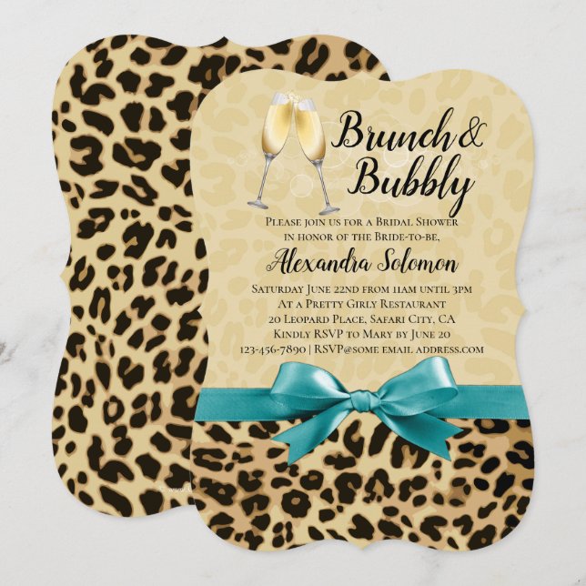 Brunch und Bubbly Leopard Türkisfarbenes Brautpart Einladung (Vorne/Hinten)