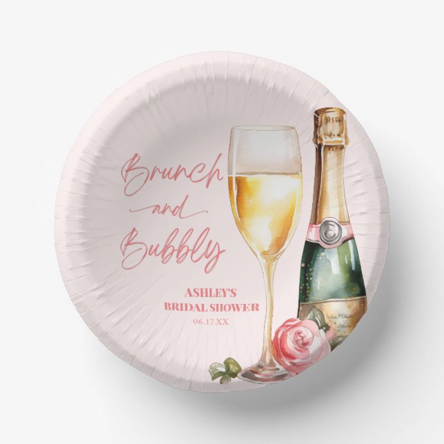 Brunch und Bubbly Mimosa Champagne Brautparty Pappteller (Vorderseite)