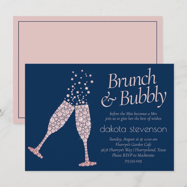 Brunch und Bubbly | Navy Blue Blush Pink Dusche Einladung (Vorne/Hinten)