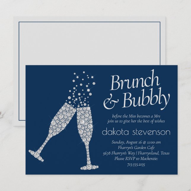 Brunch und Bubbly | Navy Blue Silver Gray Dusche Einladung (Vorne/Hinten)