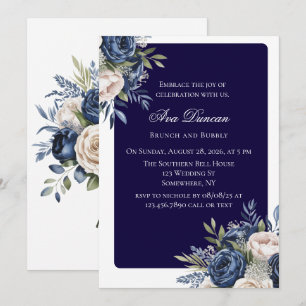 Brunch und Bubbly, Navy Blue und Ivory Floral Einladung