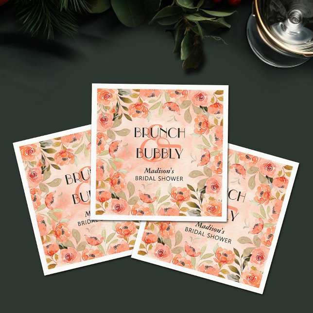 Brunch und Bubbly Orange Blume Brautparty Serviette (Brunch and Bubbly orange floral personalized bridal shower napkins)