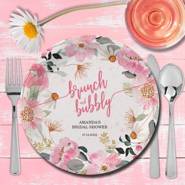 Brunch und Bubbly Pink Brautparty Pappteller (Brunch and bubbly pink watercolor floral bridal shower paper plates)