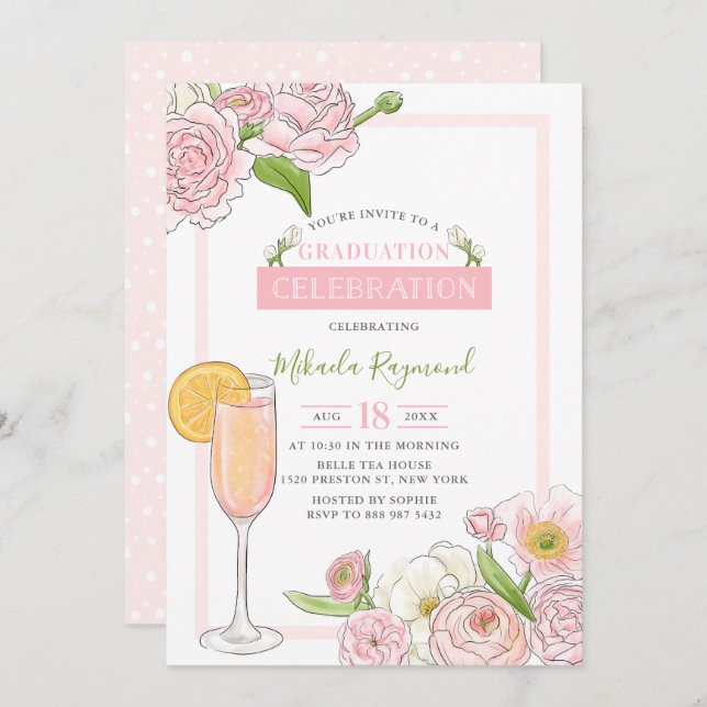 Brunch und Bubbly | Pink Floral Graduation Party Einladung (Vorne/Hinten)