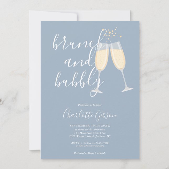 Brunch und Bubbly QR-Code Dusty Blue Brautparty Einladung (Vorderseite)