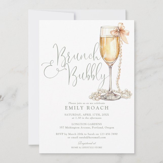 Brunch und Bubbly QR Code Sage Green Brautparty Einladung (Vorderseite)