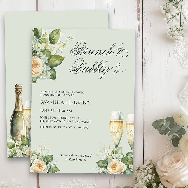 Brunch und Bubbly Rose Champagner-Brautparty Einladung (Brunch & Bubbly Champagne Bridal Shower Invitation on light sage green)