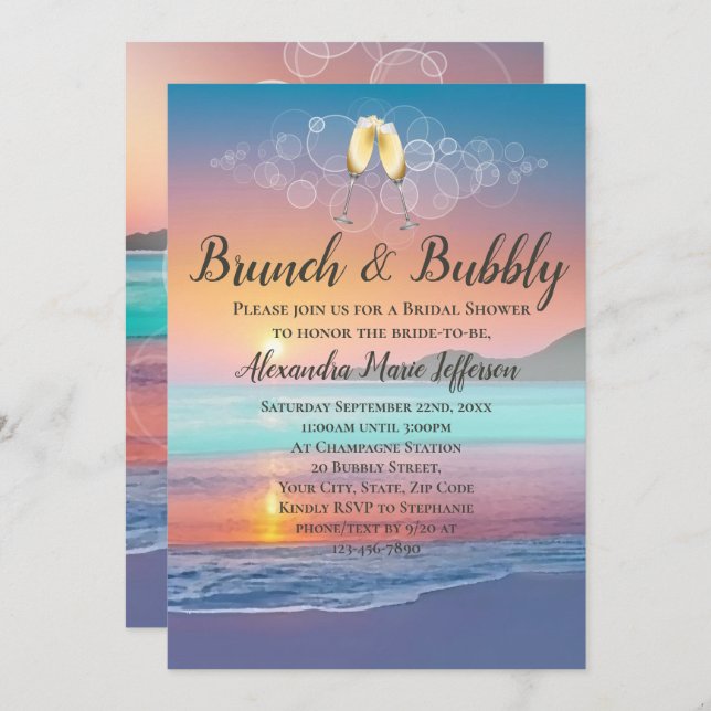 Brunch und Bubbly Sand Hearts Beach Brautparty Einladung (Vorne/Hinten)
