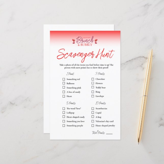 Brunch und Bubbly Valentine's Scavenger Hunt Game (Vorderseite/Rückseite Beispiel)