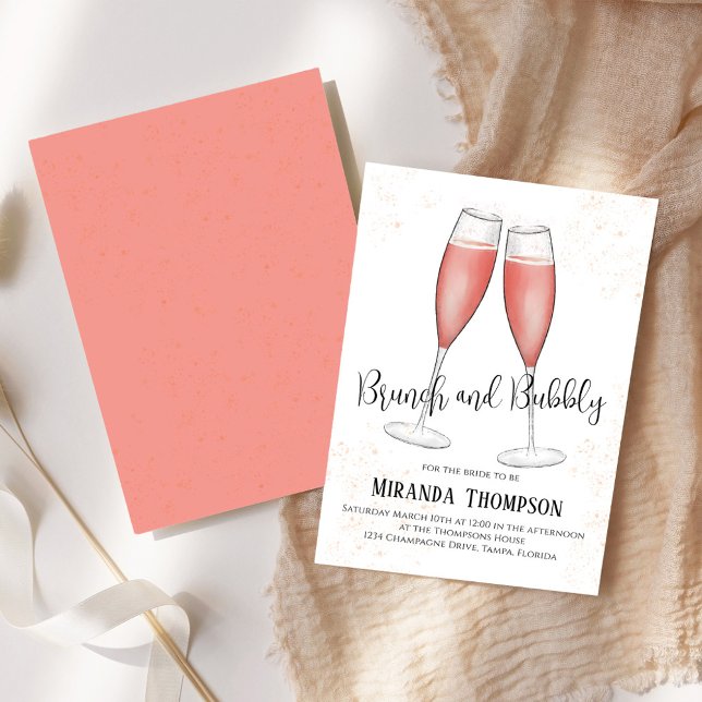 Brunch und Bubbly Watercolor Pink Brautparty Einladung (Brunch and bubbly bridal shower invitation with pink champagne. )