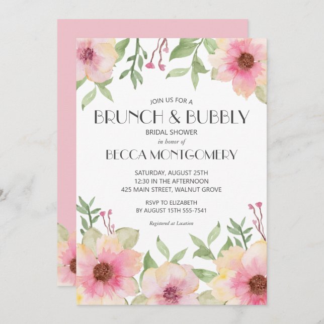 Brunch und Bubbly Watercolor Pink Floral Einladung (Vorne/Hinten)