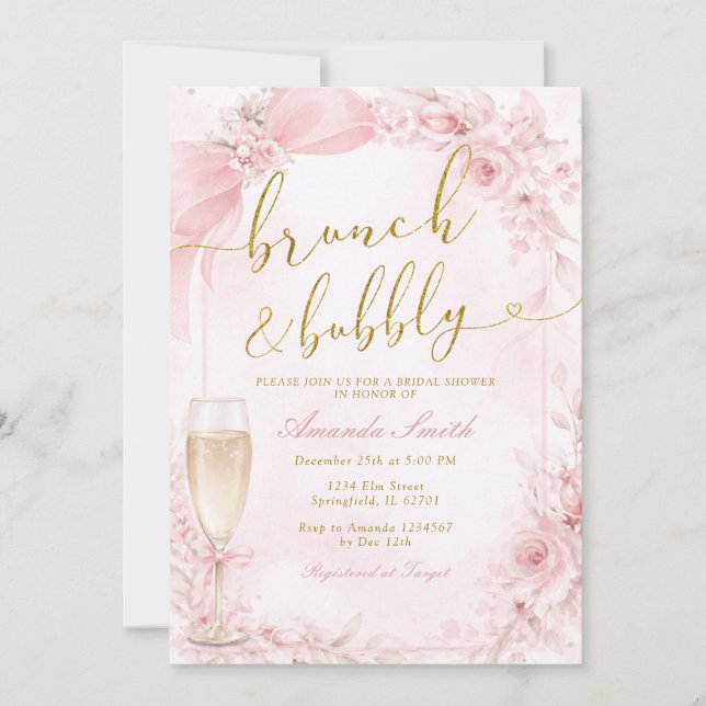 Brunch und Champagner Rosa Brautparty Einladung (Vorderseite)