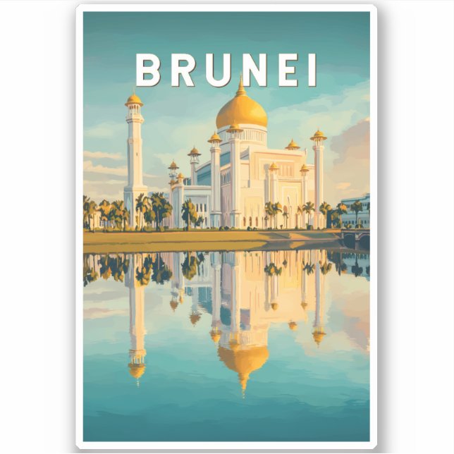 Brunei Illustration Travel Art Vintag Aufkleber (Vorderseite)