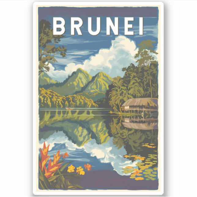 Brunei Painterly Illustration Travel Art Vintag Aufkleber (Vorderseite)
