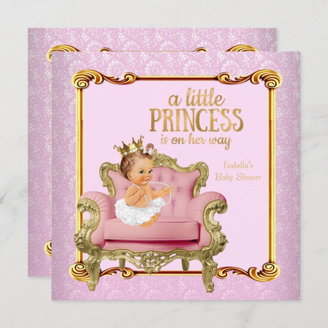 Brünett Baby Princess Baby Dusche Pink Gold Stuhl Einladung (Vorne/Hinten)