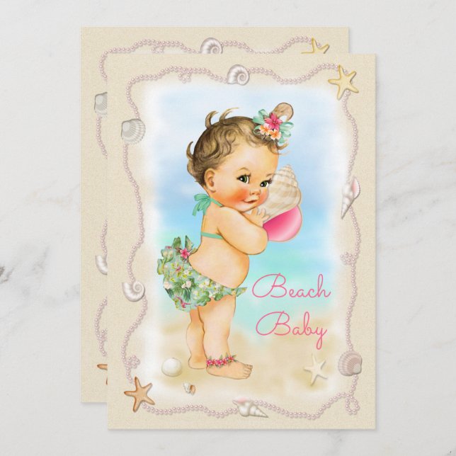 Brünett Beach Baby Conch Muschel Babydusche Einladung (Vorne/Hinten)
