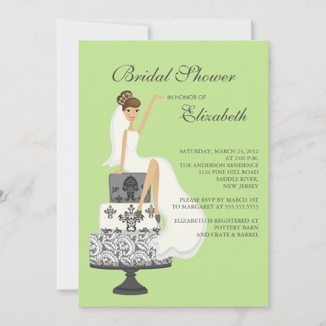 Brünett Bride Bridal Dusche Einladung Grün Grau (Vorderseite)