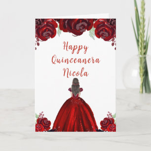 Brünett Hair Princess Red Floral Quinceanera Karte