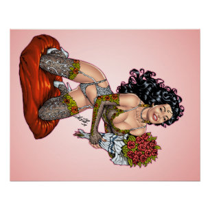 Brünett in der Wäsche mit Rosen-Illustration Poster