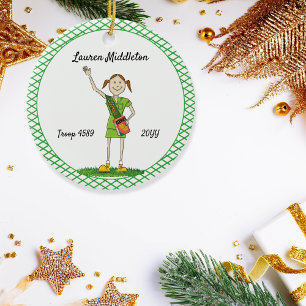 Brünett Junior Girl Scouting Green Crosshatch Keramik Ornament