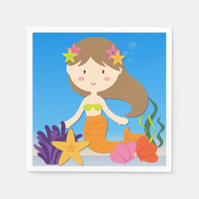 Brünett Mermaid Birthday Paper Napkins Serviette (Vorderseite)