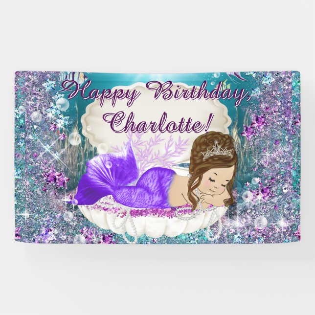 Brünett Mermaid Birthday Party Banner (Horizontal)