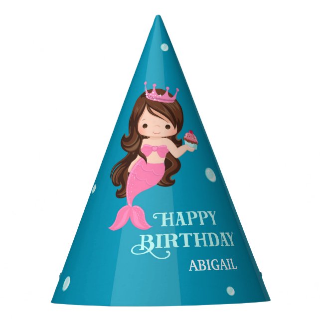 Brünett Mermaid Birthday Party Hat - Personalisier Partyhütchen (Vorderseite)