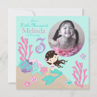 Brünett Mermaid Dritter Geburtstag Einladung