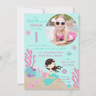Brünett Mermaid Erster Geburtstag Einladung