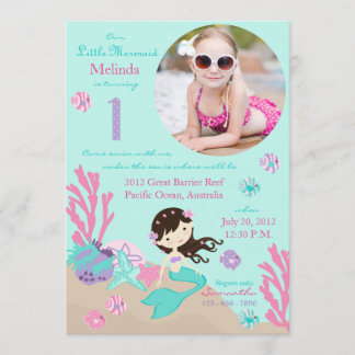 Brünett Mermaid Erster Geburtstag Einladung