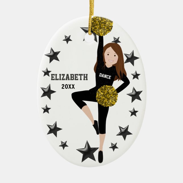 Brünett Pom Squad Gold und Schwarze Keramik Orname Ornament (Vorne)