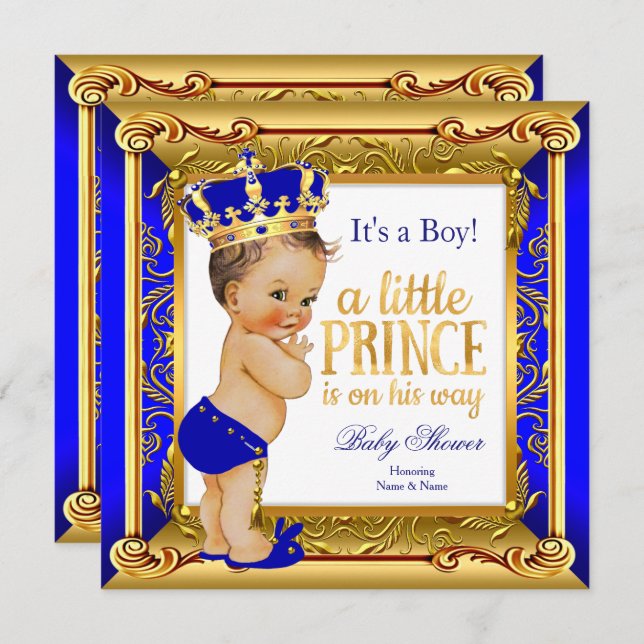 Brünett Prince Baby Dusche Blue Imitate Gold Einladung (Vorne/Hinten)