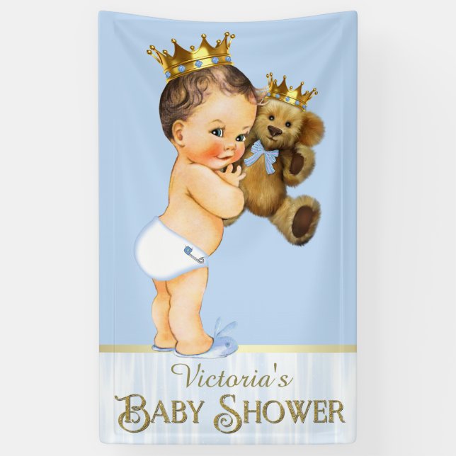Brünett Prince Teddy Bear Babydusche Banner (Vertikal)