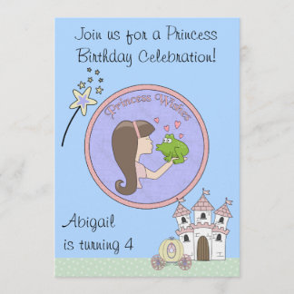 Brunett Princess, Frog und Unicorn zum Geburtstag  Einladung