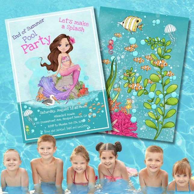 Brünett rosa Lila Mermaid Summer Pool Party Einladung (Von Creator hochgeladen)