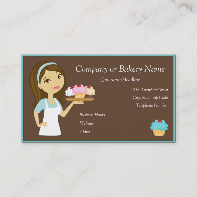 Brunette/Aqua Cupcake Baker/Bakery Business Card Visitenkarte (Vorderseite)