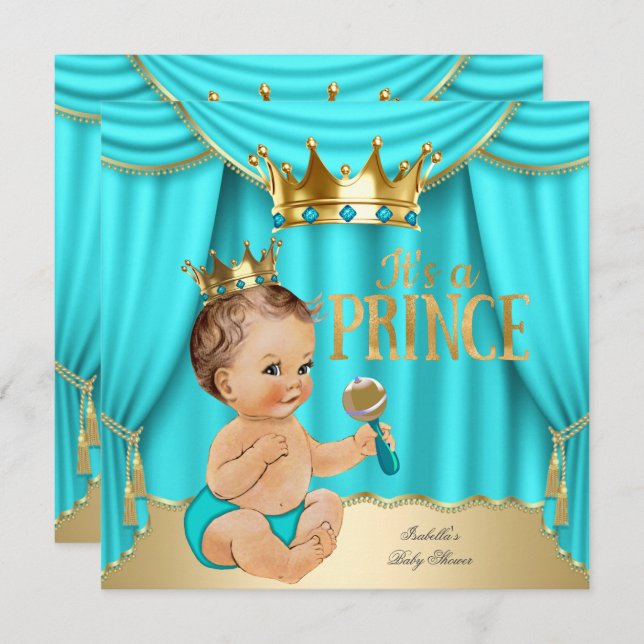 Brünette Babydusche Prinz Aqua Blue Gold Crown Einladung (Vorne/Hinten)