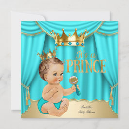 Brünette Babydusche Prinz Aqua Blue Gold Crown Einladung