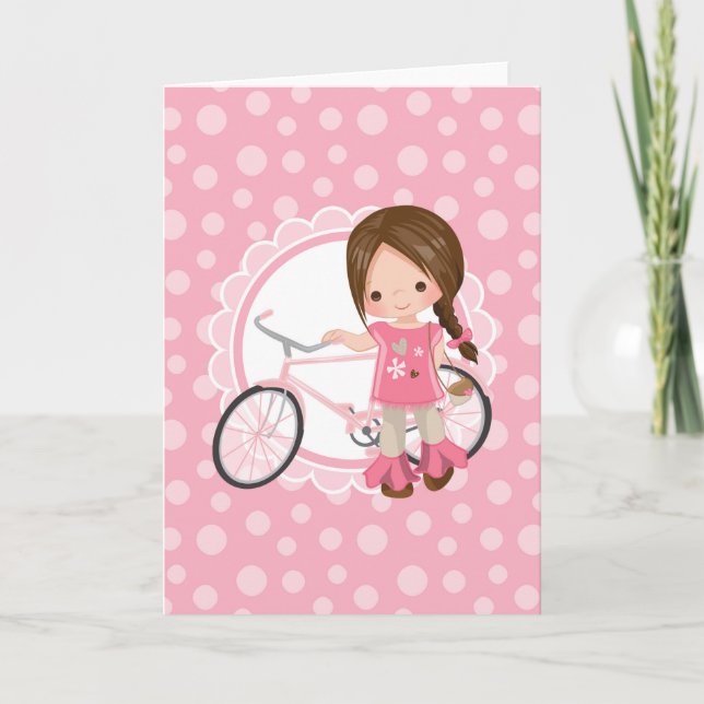 Brunette Bicycle Girl - Pink White Karte (Vorderseite)